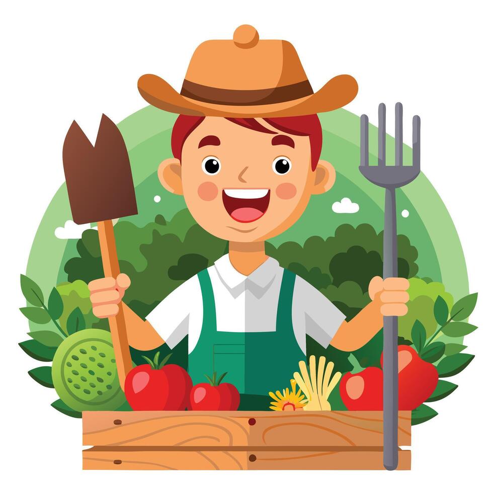 Happy Gardener with a Hat, Surrounded by Fresh Organic Produce and Greenery vector