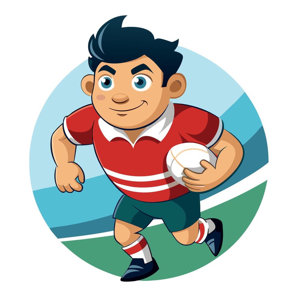 Energetic Cartoon Rugby Player Running with the Ball on a Green Field vector