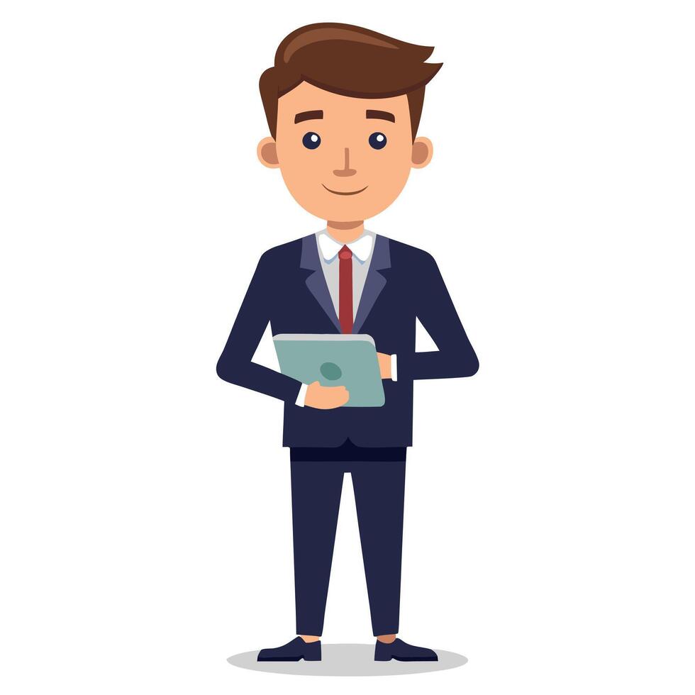 Businessman Holding a Tablet in a Suit with a Confident Smile - Professional Digital Illustration vector