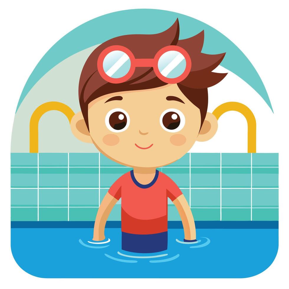 Cute Smiling Boy in a Swimming Pool with Sparkling Water, Perfect for Summer Fun Concepts vector