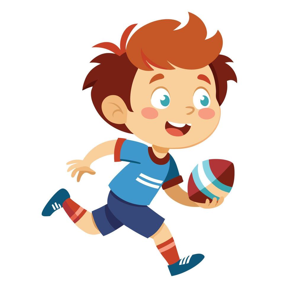 Adorable Cartoon Illustration of a Young Boy Running with a Rugby Ball and a Cheerful Smile vector