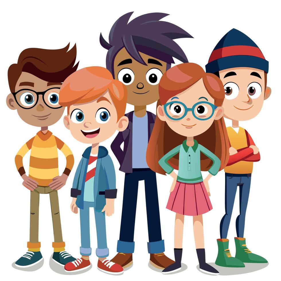 Diverse Group of Fashionable Cartoon Kids and Teens in Modern and Playful Attire vector