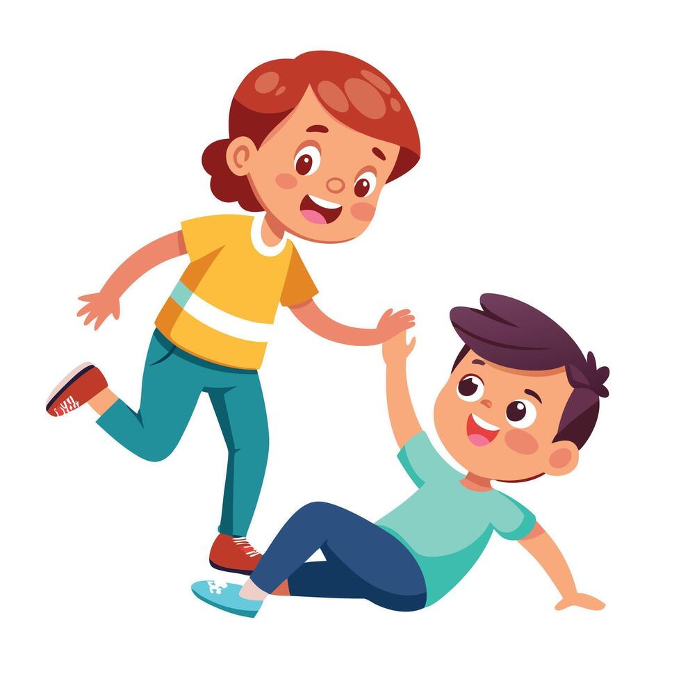 llustration of a Young Child Assisting a Friend After a Fall Teaching Kindness and Compassion vector