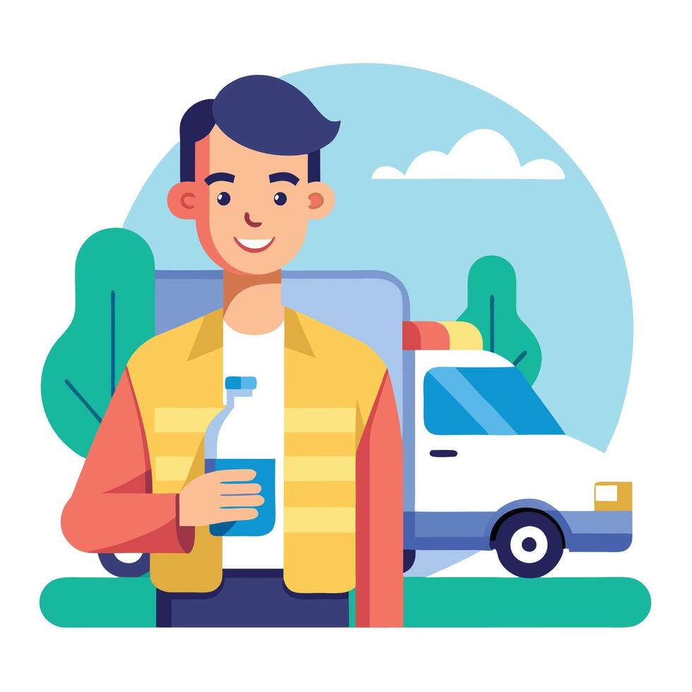 Illustration of a Courier Holding a Bottle of Purified Water for a Delivery Service Advertisement vector