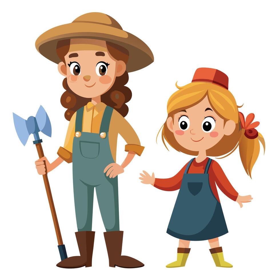 Joyful Female Farmer with a Hoe and Smiling Child in a Rural Agricultural Scene vector