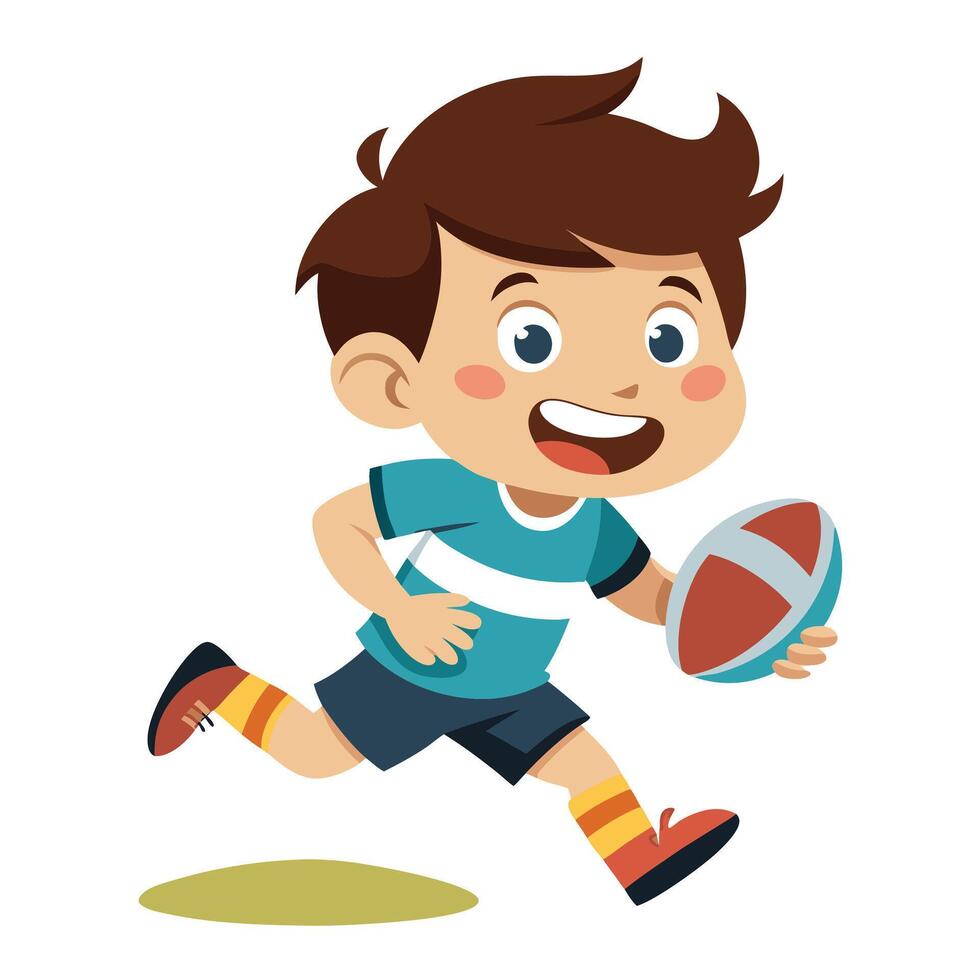 Energetic Kid in Blue Sports Outfit Playing Rugby and Running with Excitement vector