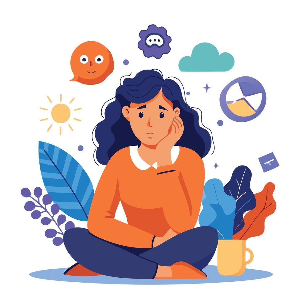 Sad Woman Sitting in Deep Thought Surrounded by Abstract Icons Representing Mental Health Struggles vector
