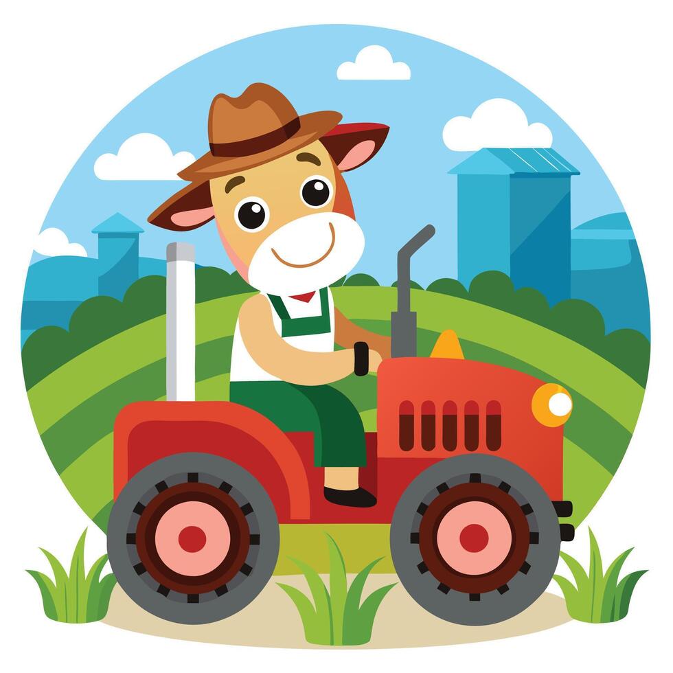 Cheerful Cartoon Bull Wearing a Hat and Overalls on a Red Farming Tractor vector