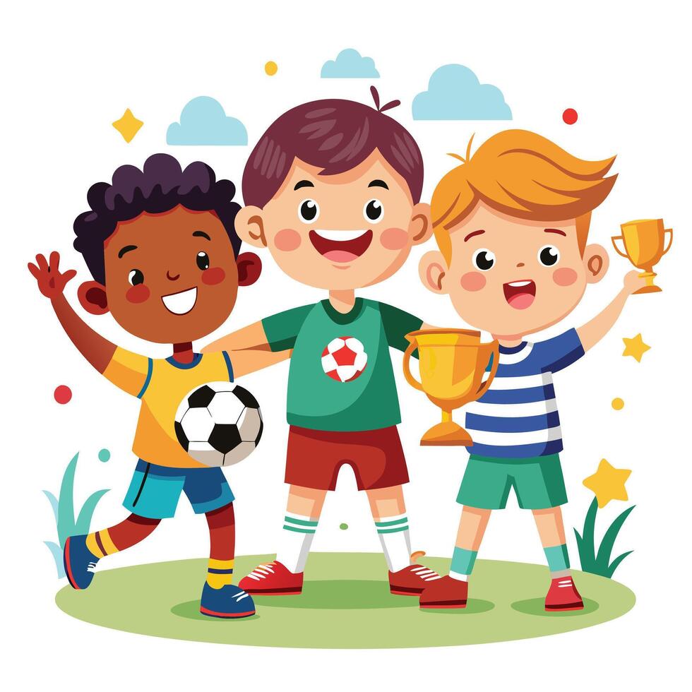 Joyful Children Playing Soccer and Holding Their Trophies After Winning a Fun Football Match vector