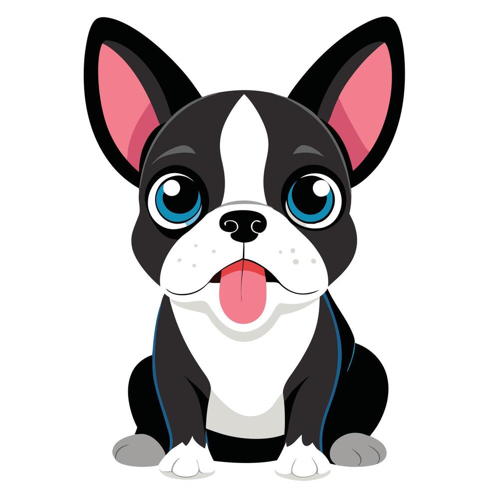 Cute Black and White Boston Terrier Pup with Perky Ears and a Pink Tongue in a Fun Digital Illustration vector