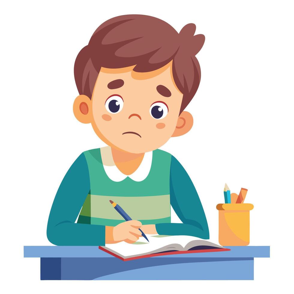 Cute Cartoon Illustration of a Sad Child Struggling with Studies vector