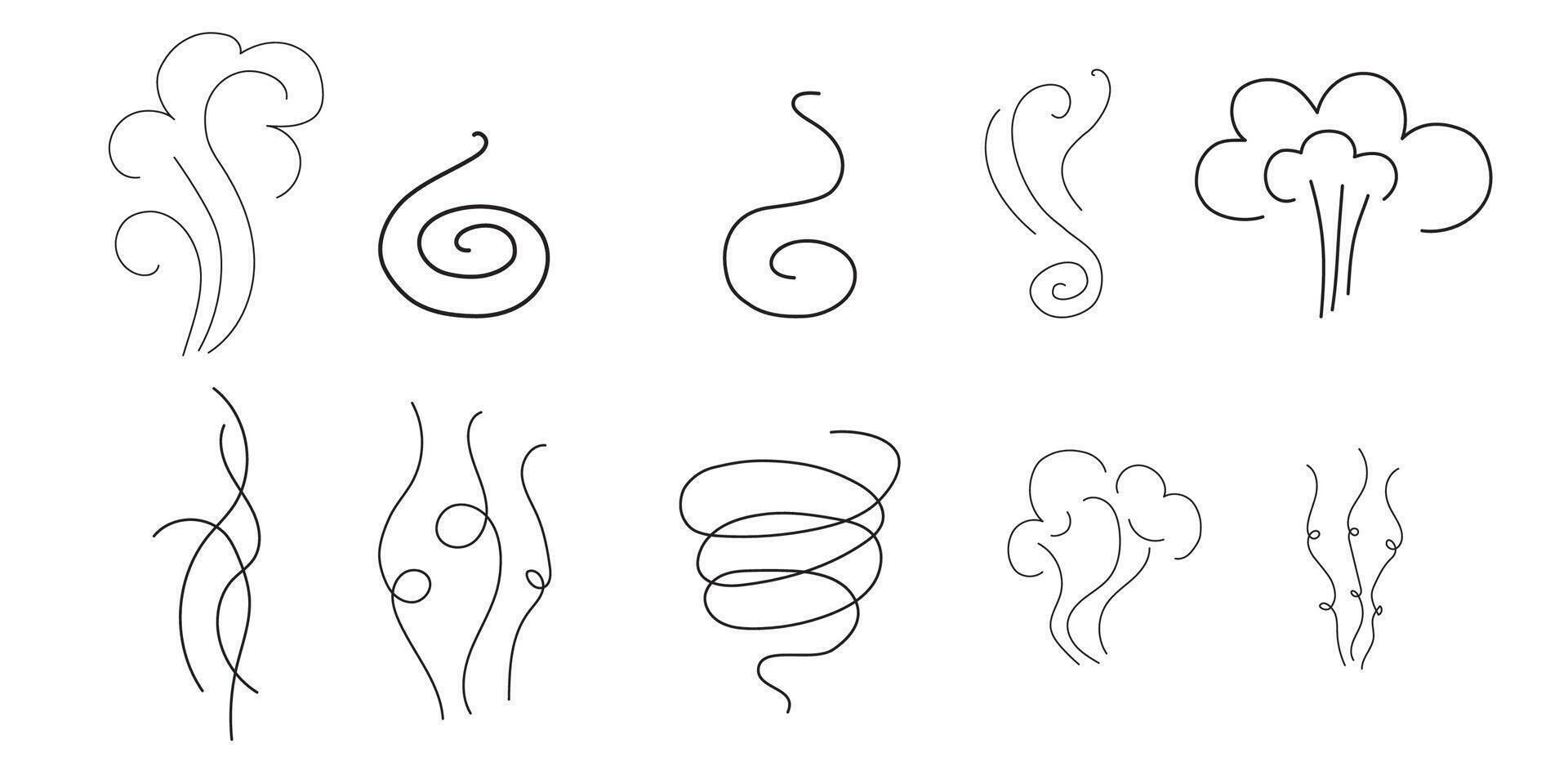 Steam and smoke lines icons set. Air wind and scent linear collection, heat waves or aroma from cooking food and hot coffee, gas and fumes. Steam swirls icons of doodle style illustration vector