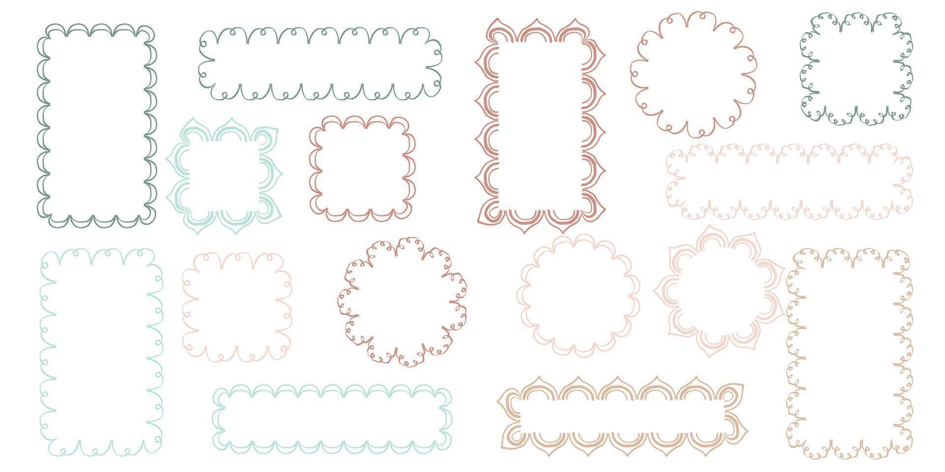 Hand drawn lace scalloped frames. Square, round and rectangle scalloped frames vector