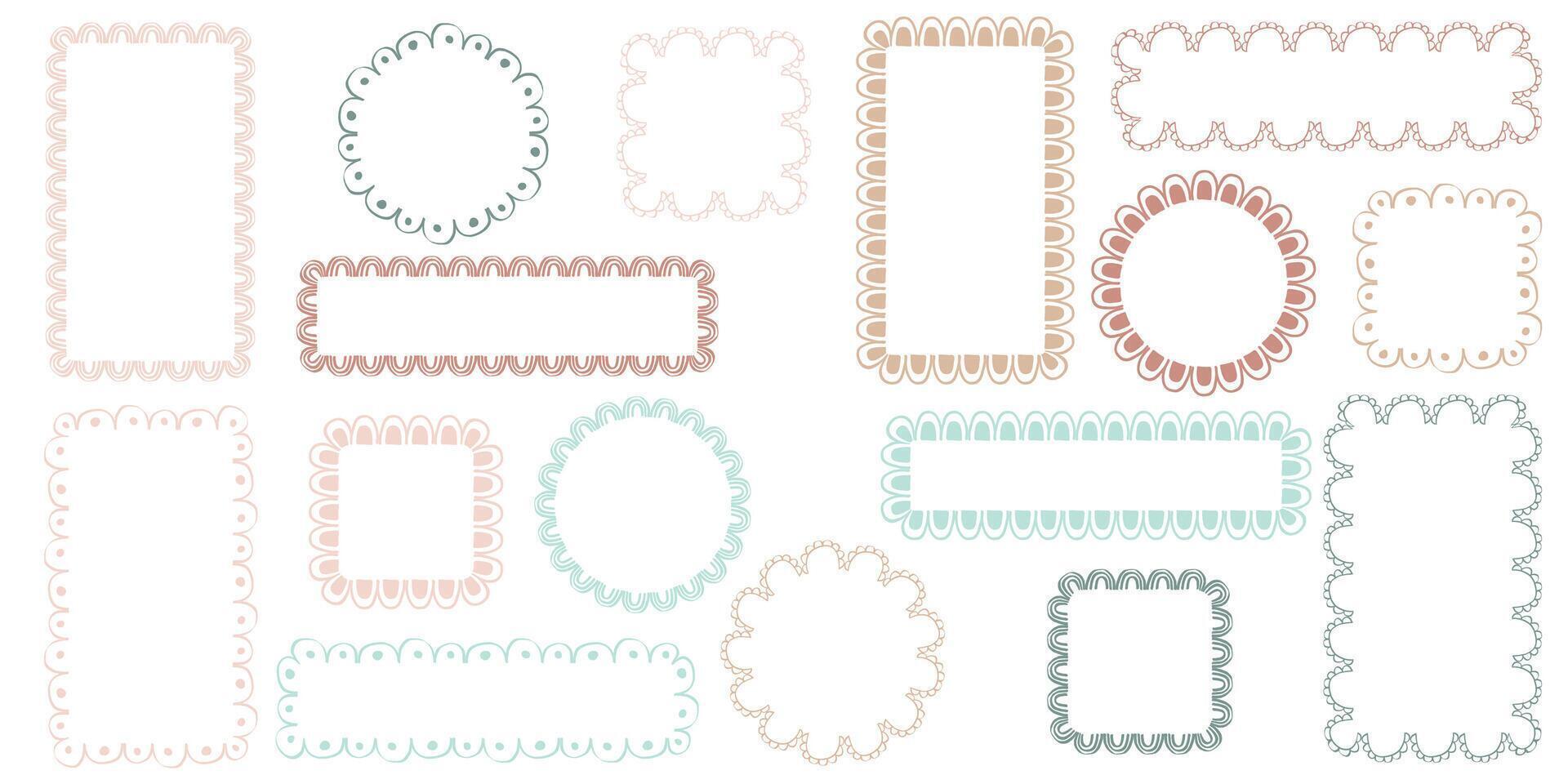 Hand drawn lace scalloped frames. Square, round and rectangle scalloped frames vector
