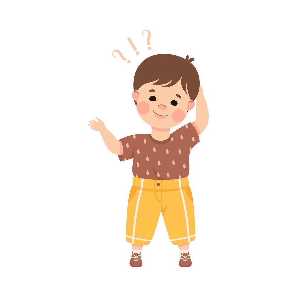 Puzzled Little Boy with Question Mark Scratching His Head Wondering Illustration vector