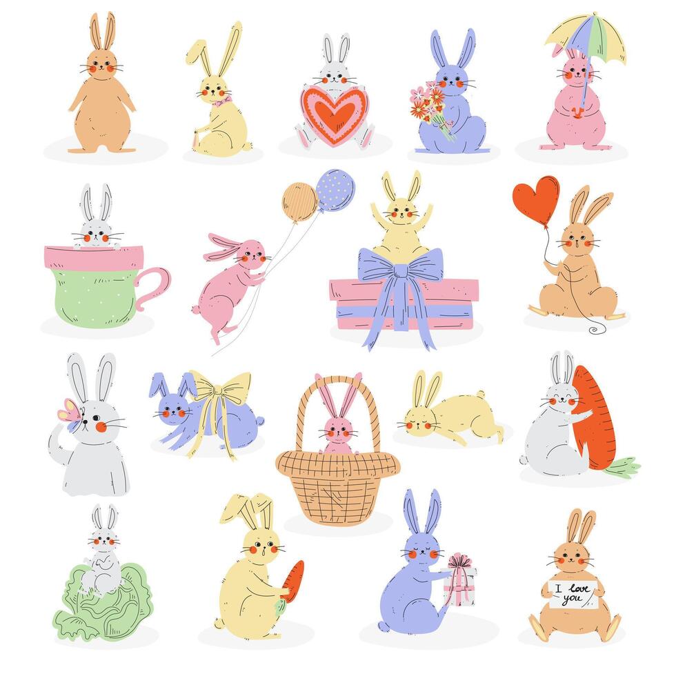 Cute Rabbit or Bunny with Long Ears Engaged in Different Activity Big Set vector