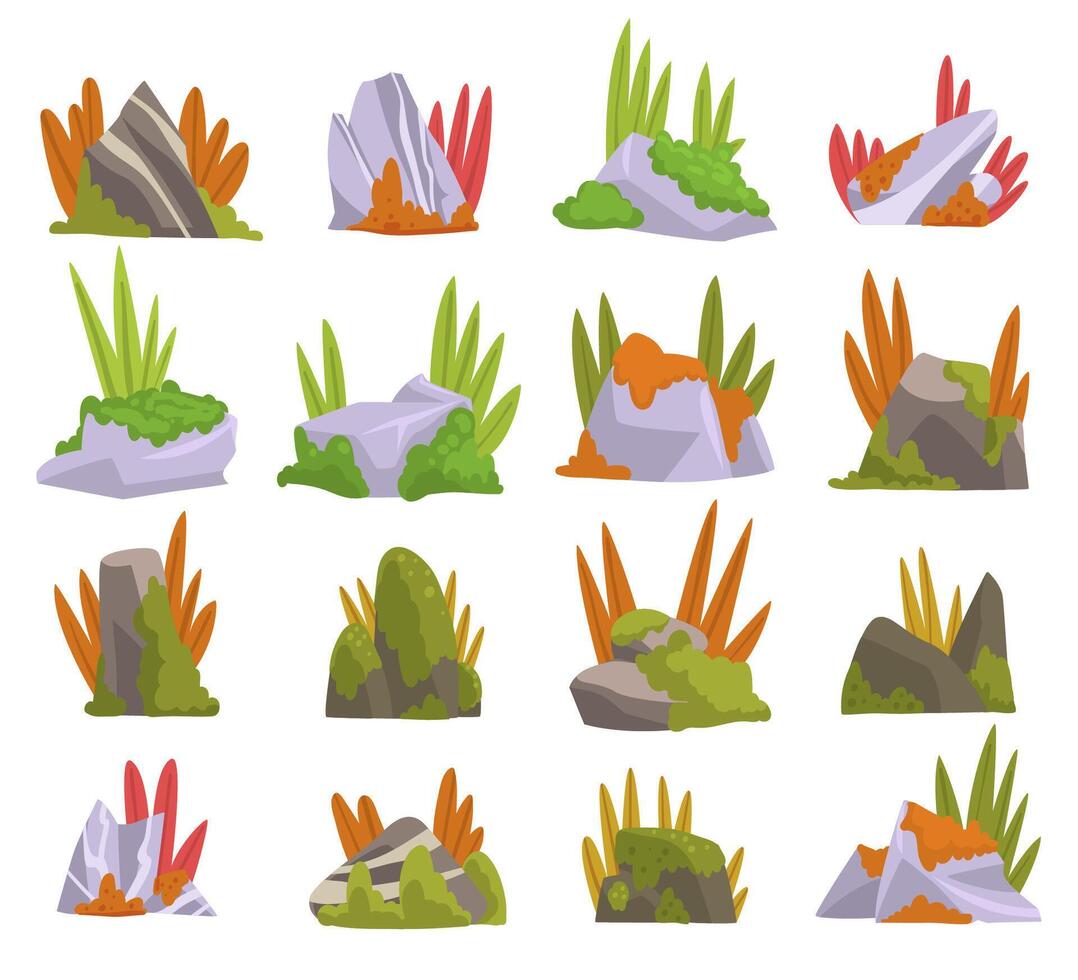 Mossy Solid Stone or Boulder with Grass Big Set vector