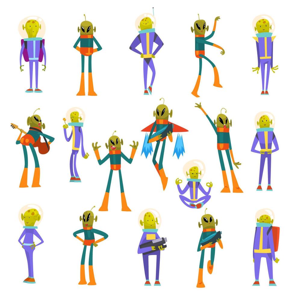 Cartoon Alien and Ufo Characters Wearing Space Costume Big Set vector