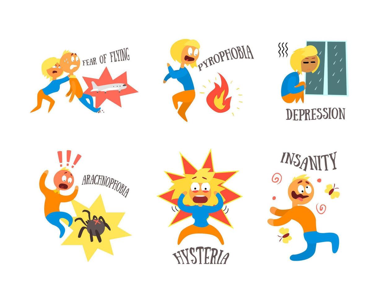 Different Fears and Phobia with Comic Man and Woman Afraid of Various Things Set vector