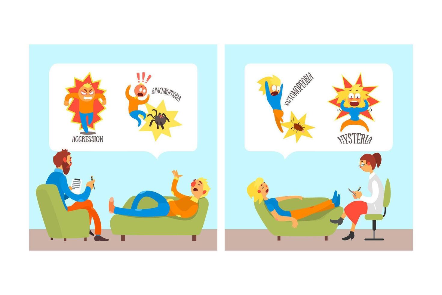 Different Fears and Phobia with Comic Man and Woman Afraid of Various Things Visiting Psychotherapist Set vector