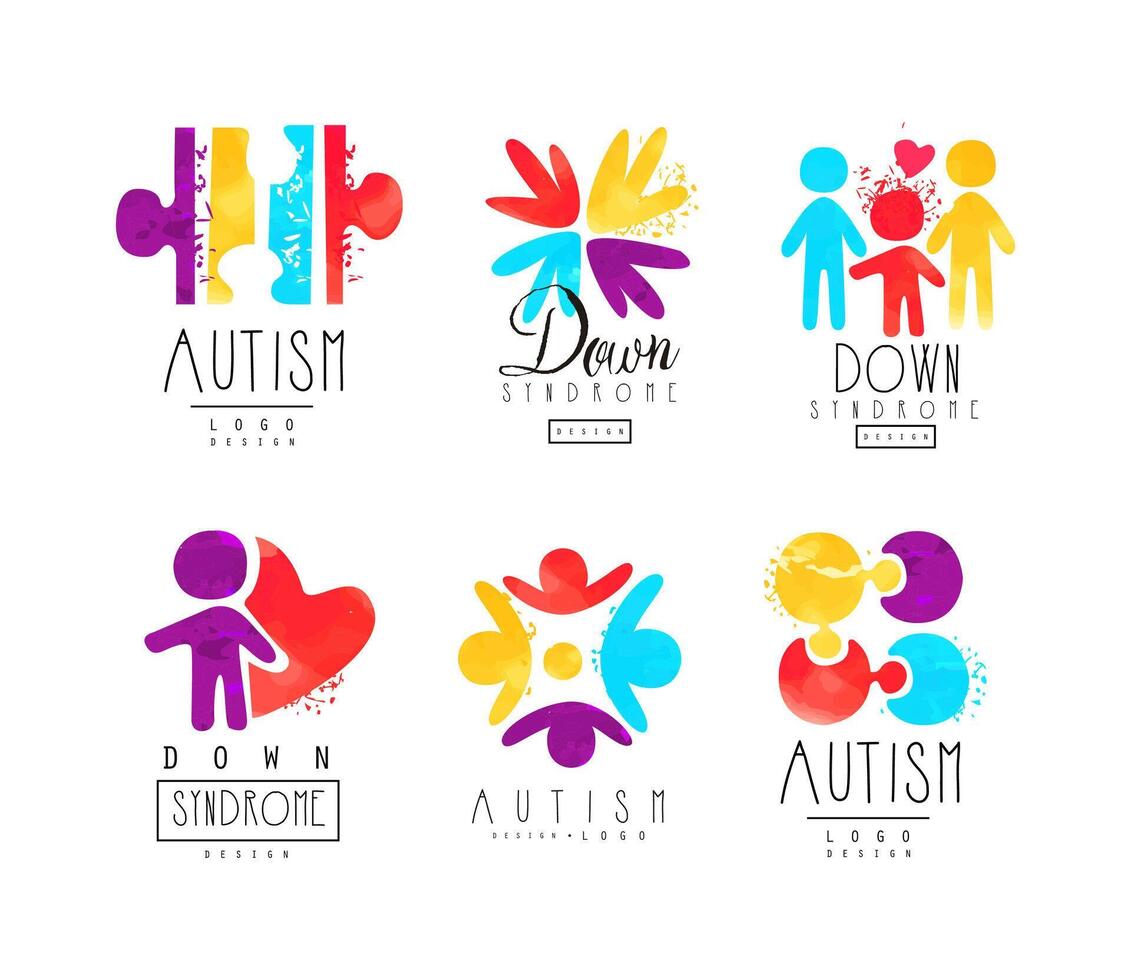 Autism and Down Syndrome Abstract Emblems with Puzzle and Bright Hand Palm Set vector