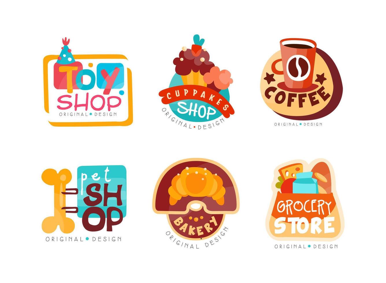 Bright Design for Toy, Cupcake, Coffee. Bakery, Pet and Grocery Shop Set vector