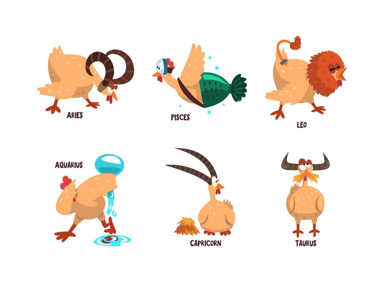 Funny Turkey Character and Zodiac Signs Like Aries, Pisces, Leo, Aquarius, Capricorn and Taurus Set vector