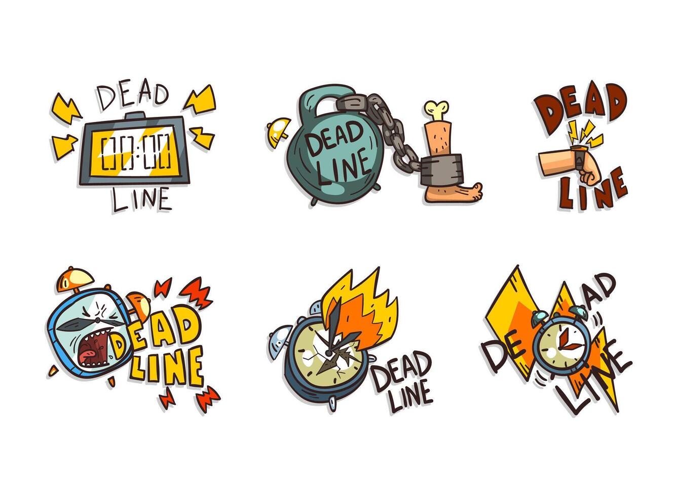 Deadline and Time Limit Labels with Burning Clock, Leg with Chain and Heavy Kettlebell and Lightning Set vector