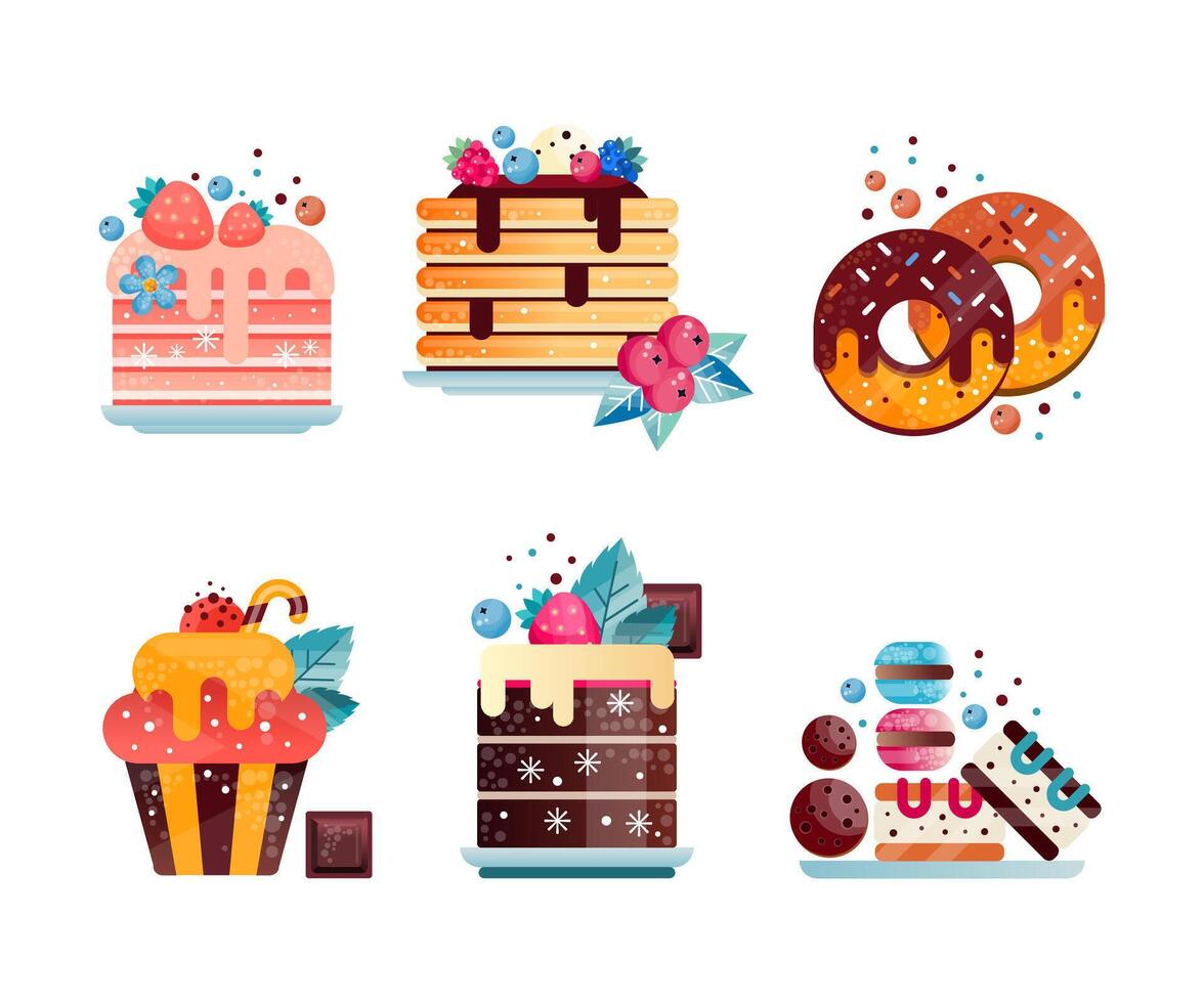 Sweet Dessert Like Cake, Cupcake and Donut with Berry Topping and Sprinkles Flat Set vector