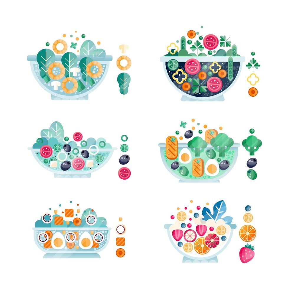 Salad Bowl with Different Ingredients with Fresh Fruit and Vegetables with Seafood Flat Set vector