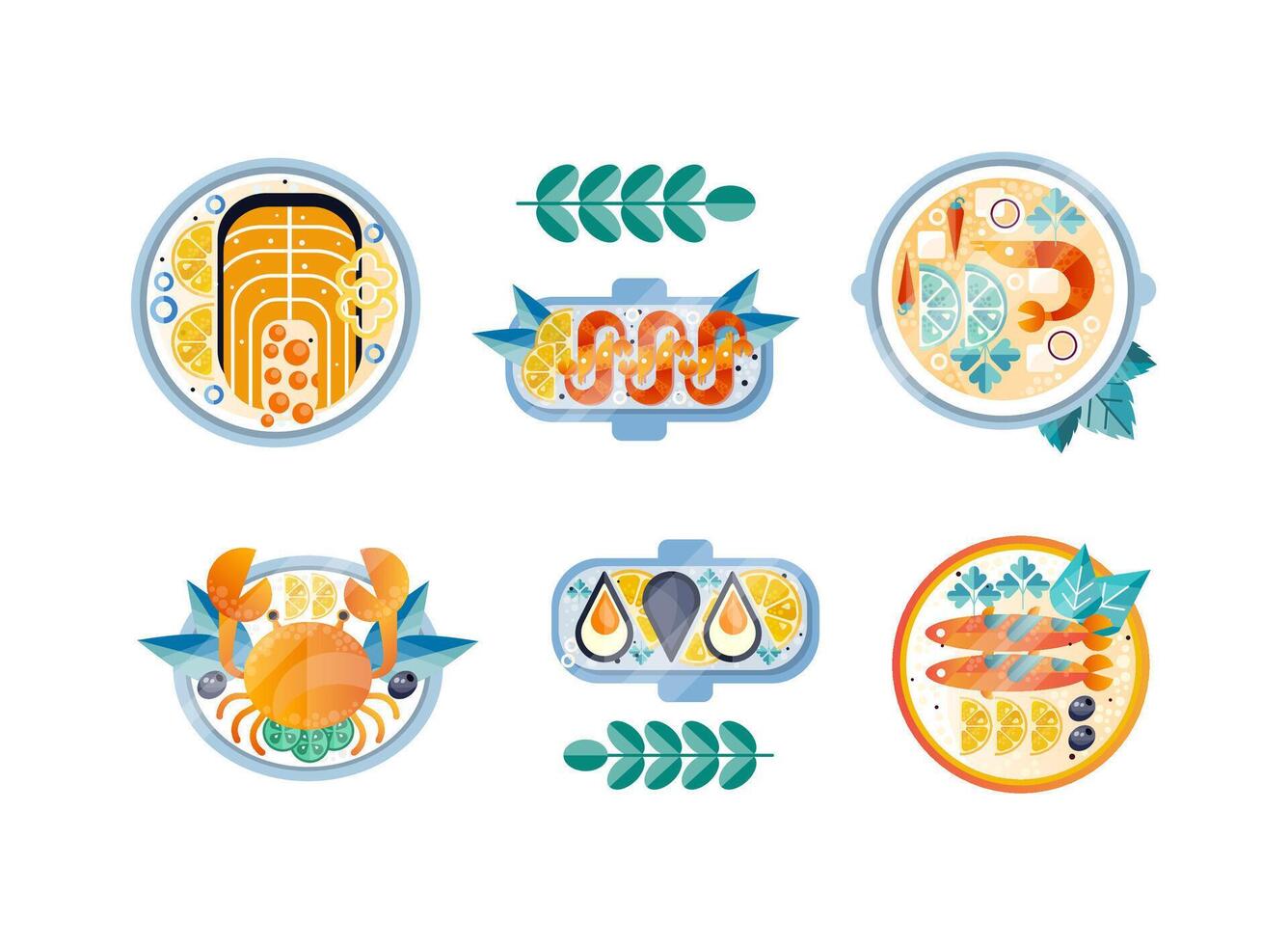 Plates with Different Seafood Like Crab, Salmon, Oyster and Shrimp Flat Set vector
