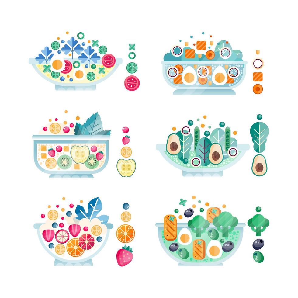 Salad Bowl with Different Ingredients with Fresh Fruit and Vegetables with Seafood Flat Set vector