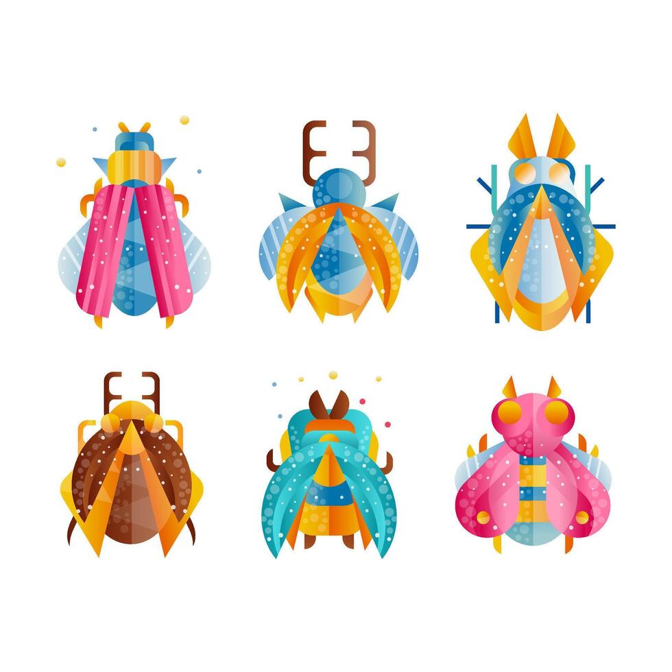 Bugs and Beetles Colorful Insect with Wings and Symmetrical Shape Flat Set vector