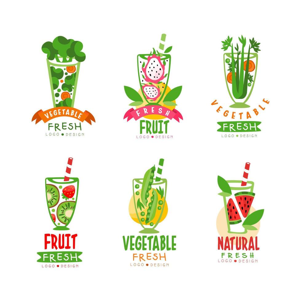 Fresh Fruit and Vegetable Juice in Glass with Straw Logo Design Set vector