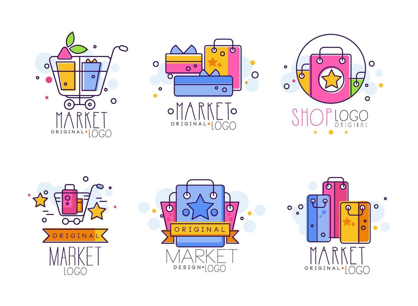 Market Logo Design with Shopping Cart and Purchase Bag Set vector