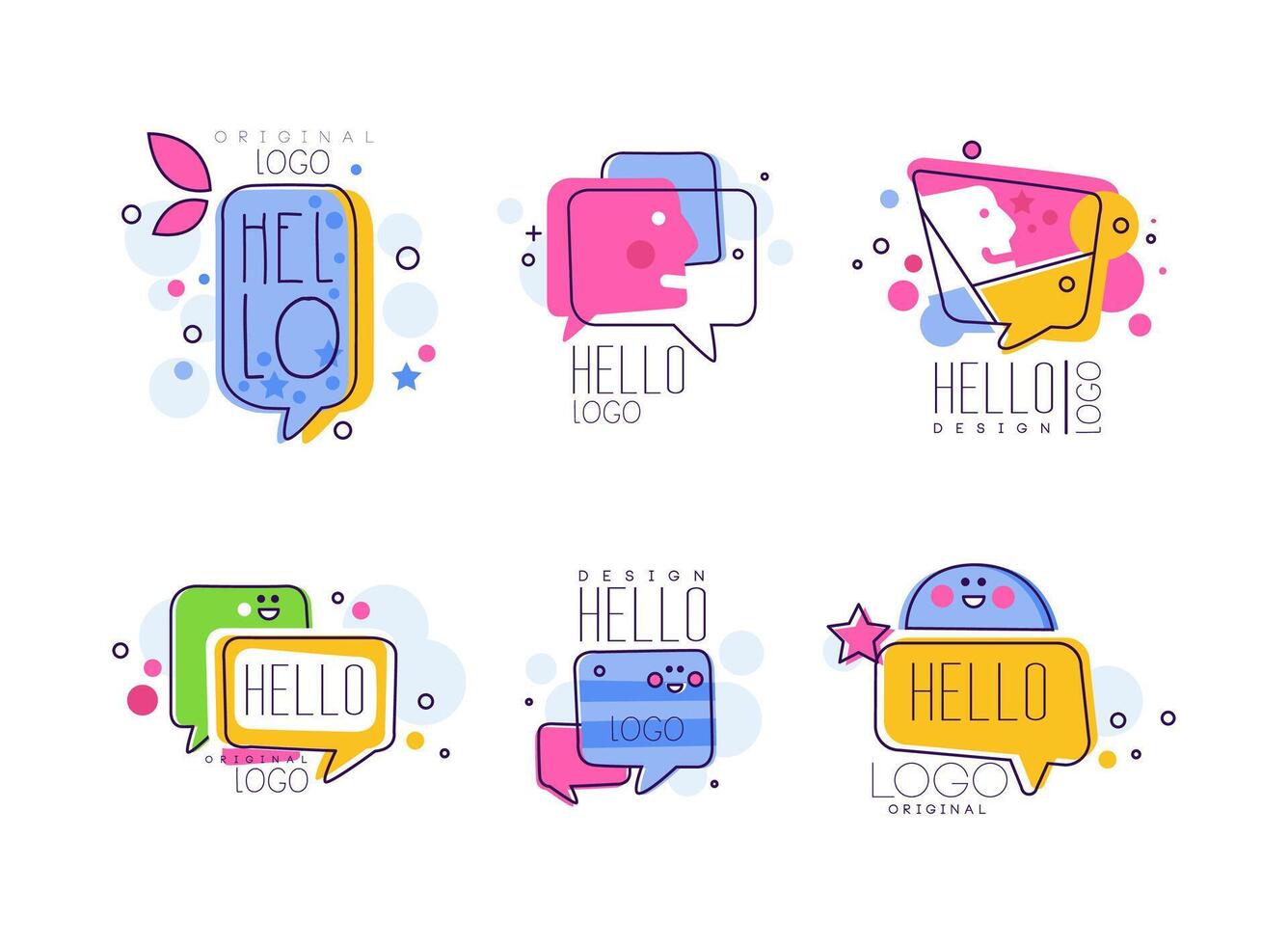 Hello Speech Bubble Logo Design with Smile and Face Set vector