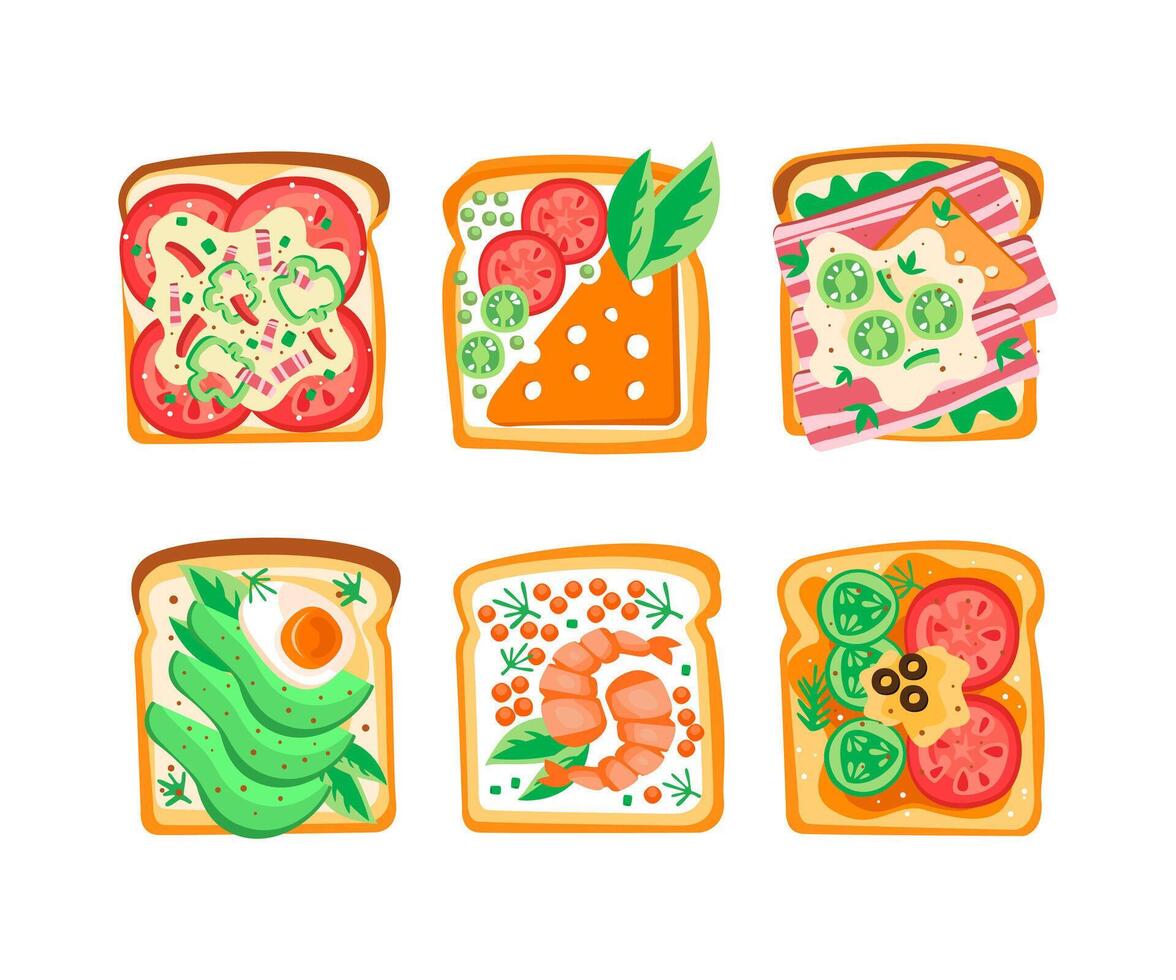 Sandwich with Various Ingredients Like Egg, Avocado, Tomato, Cheese, Bacon and Shrimp Set vector