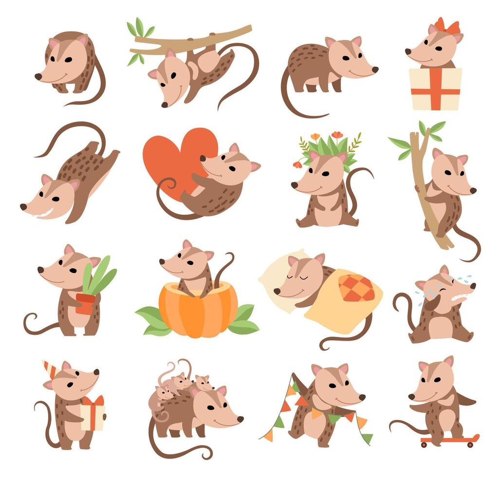 Cute Opossum Animal Engaged in Different Activity Big Set vector