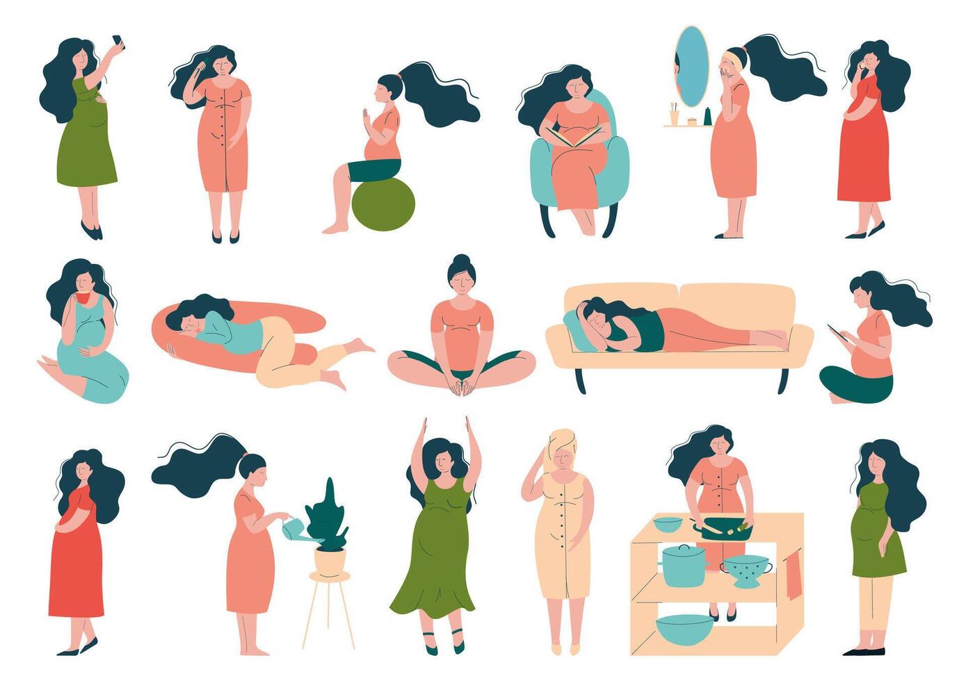 Pregnant Woman Lifestyle with Happy Expectant Mother During Pregnancy Engaged in Different Activity Big Set vector