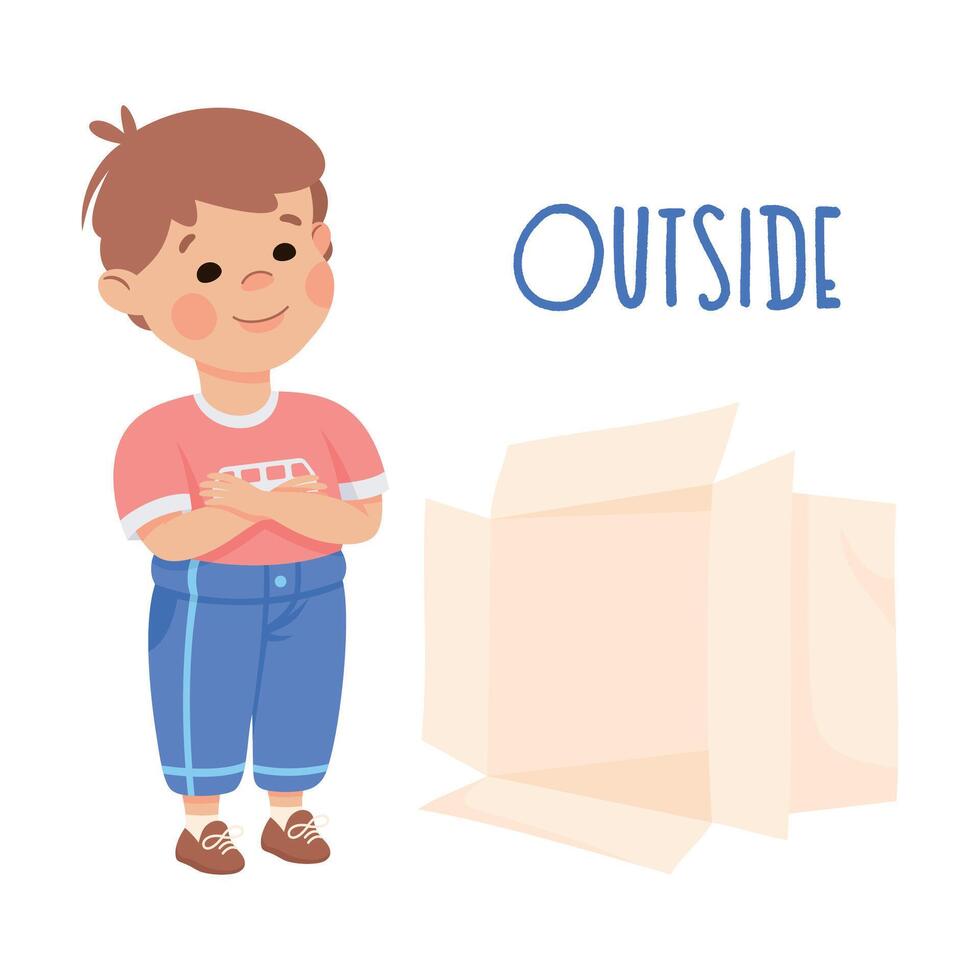 Little Boy Standing Outside Cardboard Box with Folded Arms as Preposition Demonstration Illustration vector