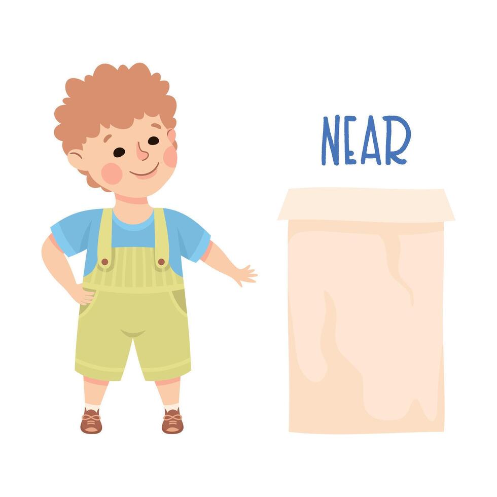 Little Boy Standing Near Cardboard Box as Preposition Demonstration Illustration vector