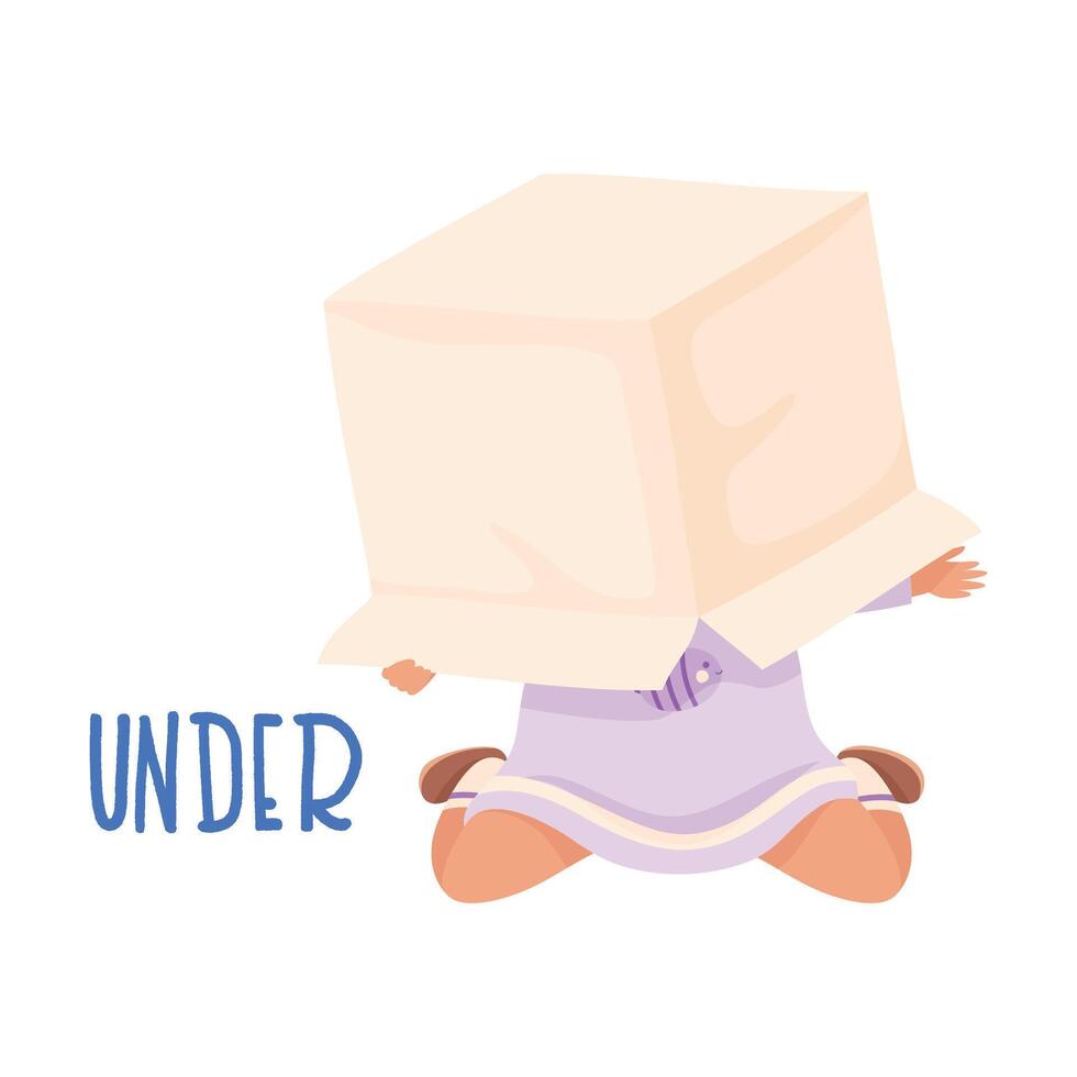 Little Girl Hiding Under Cardboard Box as Preposition Demonstration Illustration vector