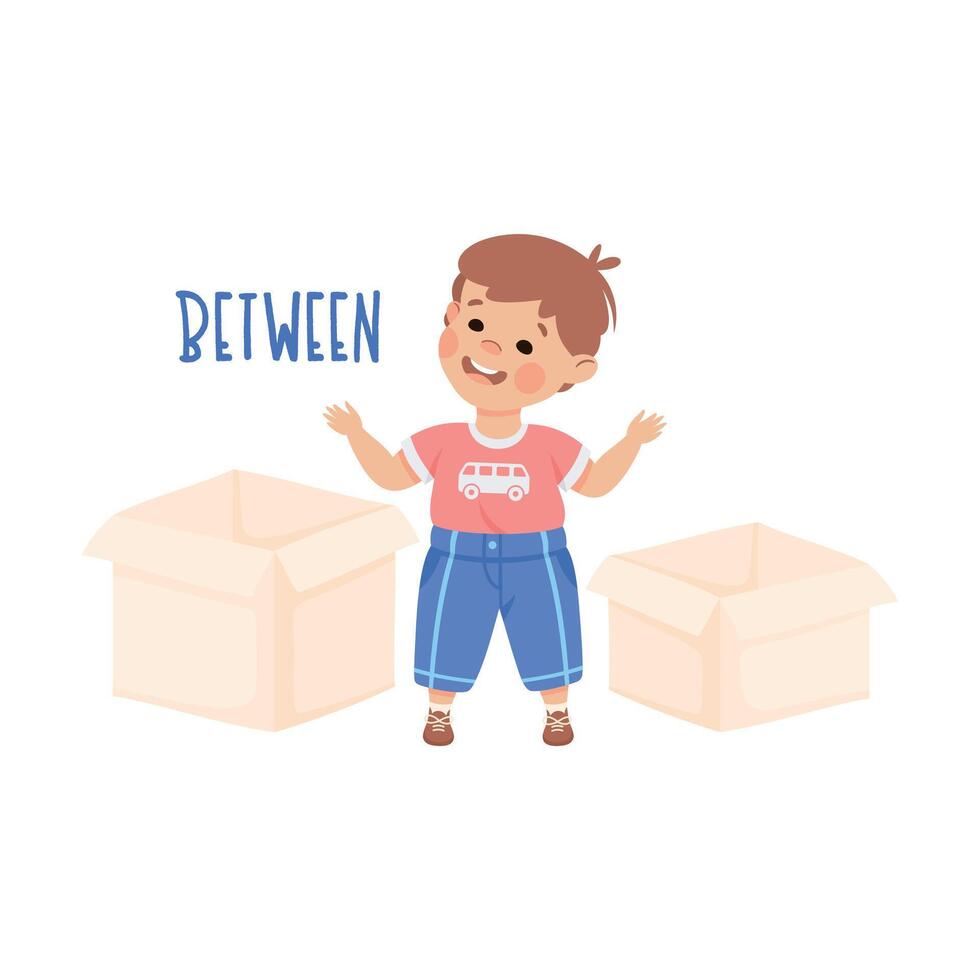 Little Boy Standing Between Two Cardboard Box as Preposition Demonstration Illustration vector