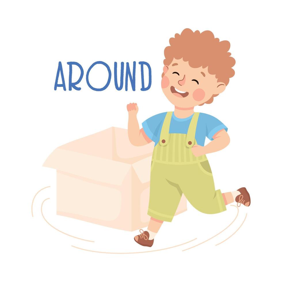 Little Boy Running Around Cardboard Box as Preposition Demonstration Illustration vector