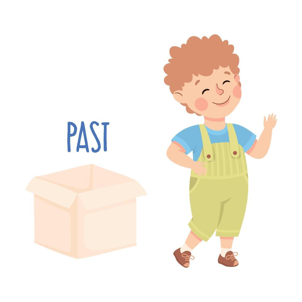 Little Boy Walking Past Cardboard Box as Preposition Demonstration Illustration vector