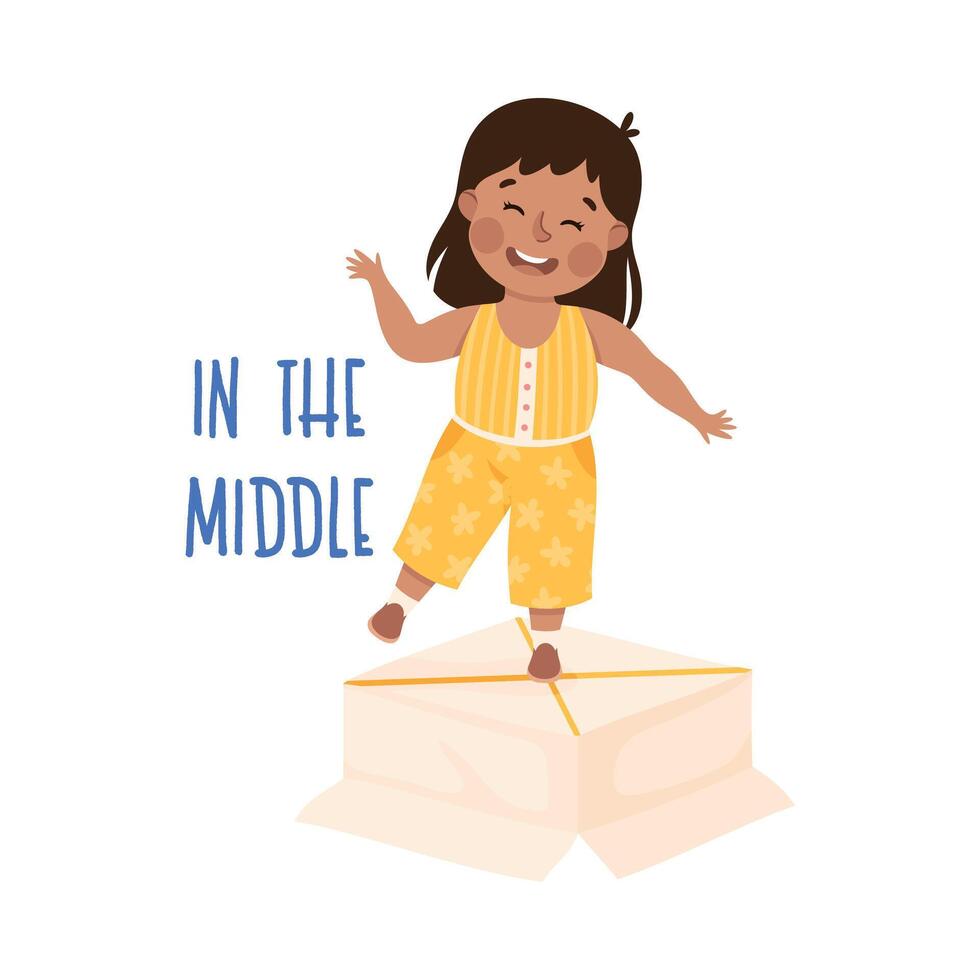 Little Girl Standing in the Middle of Cardboard Box as Preposition Demonstration Illustration vector