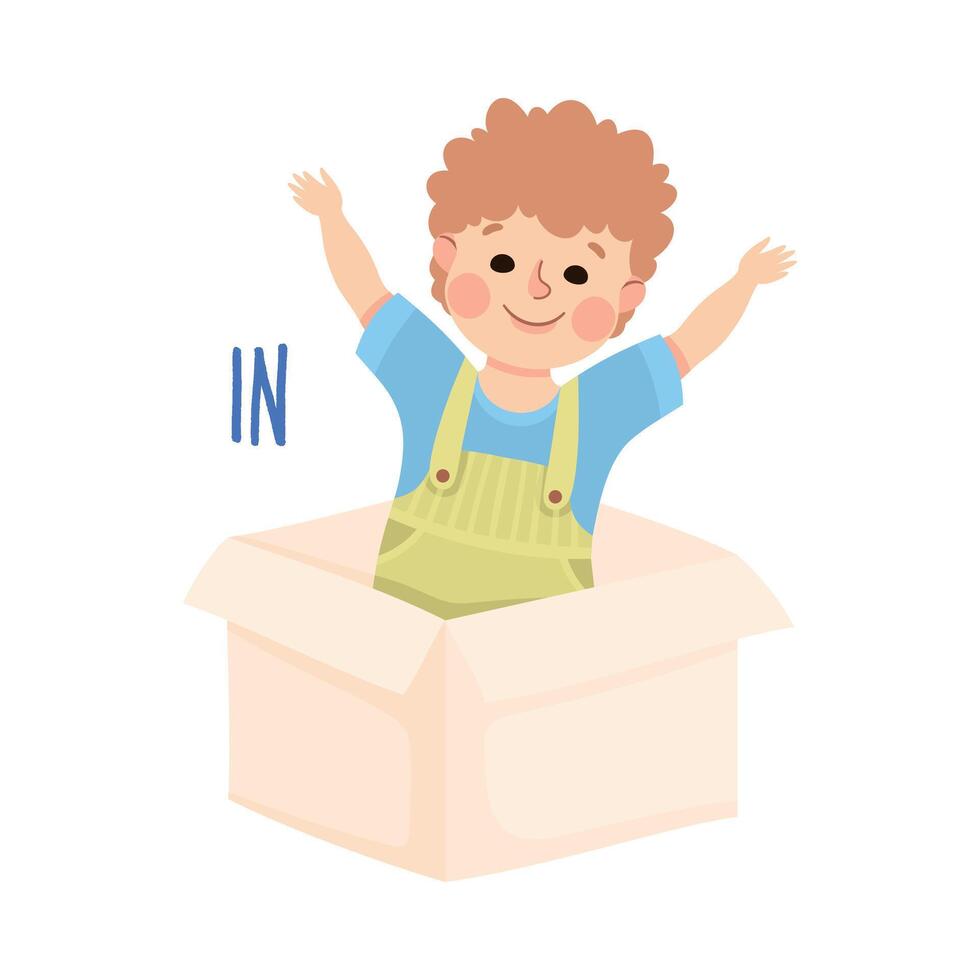 Little Boy Sitting in Cardboard Box as Preposition Demonstration Illustration vector