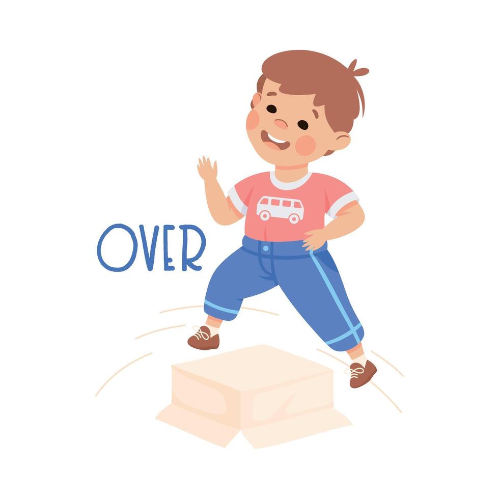 Little Boy Jumping Over Cardboard Box as Preposition Demonstration Illustration vector
