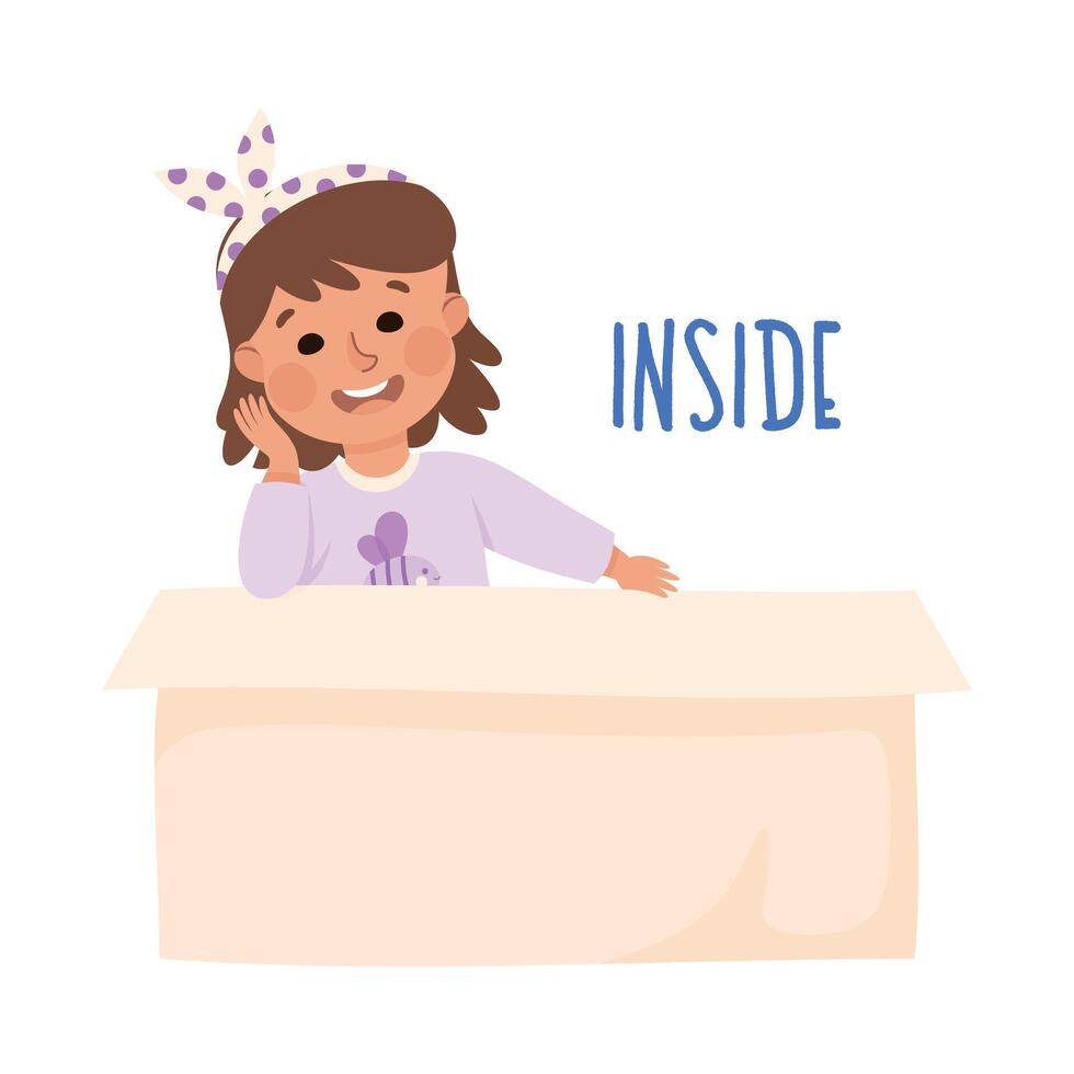 Little Girl Sitting Inside Cardboard Box as Preposition Demonstration Illustration vector