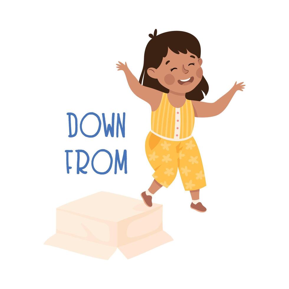 Little Girl Jumping Down From Cardboard Box as Preposition Demonstration Illustration vector